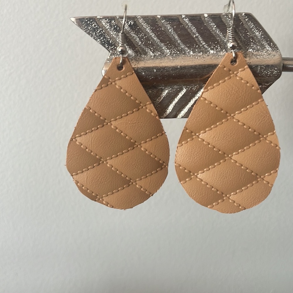 Camel Colored-Leather-Tear Drop Earrings